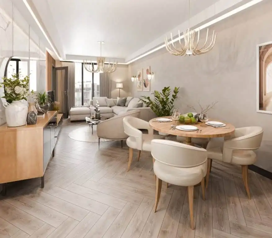Modern living room with stylish furniture in Palm City Residencies, Kotor. Elegant interior of a spacious apartment in Palm City Residencies, Kotor.