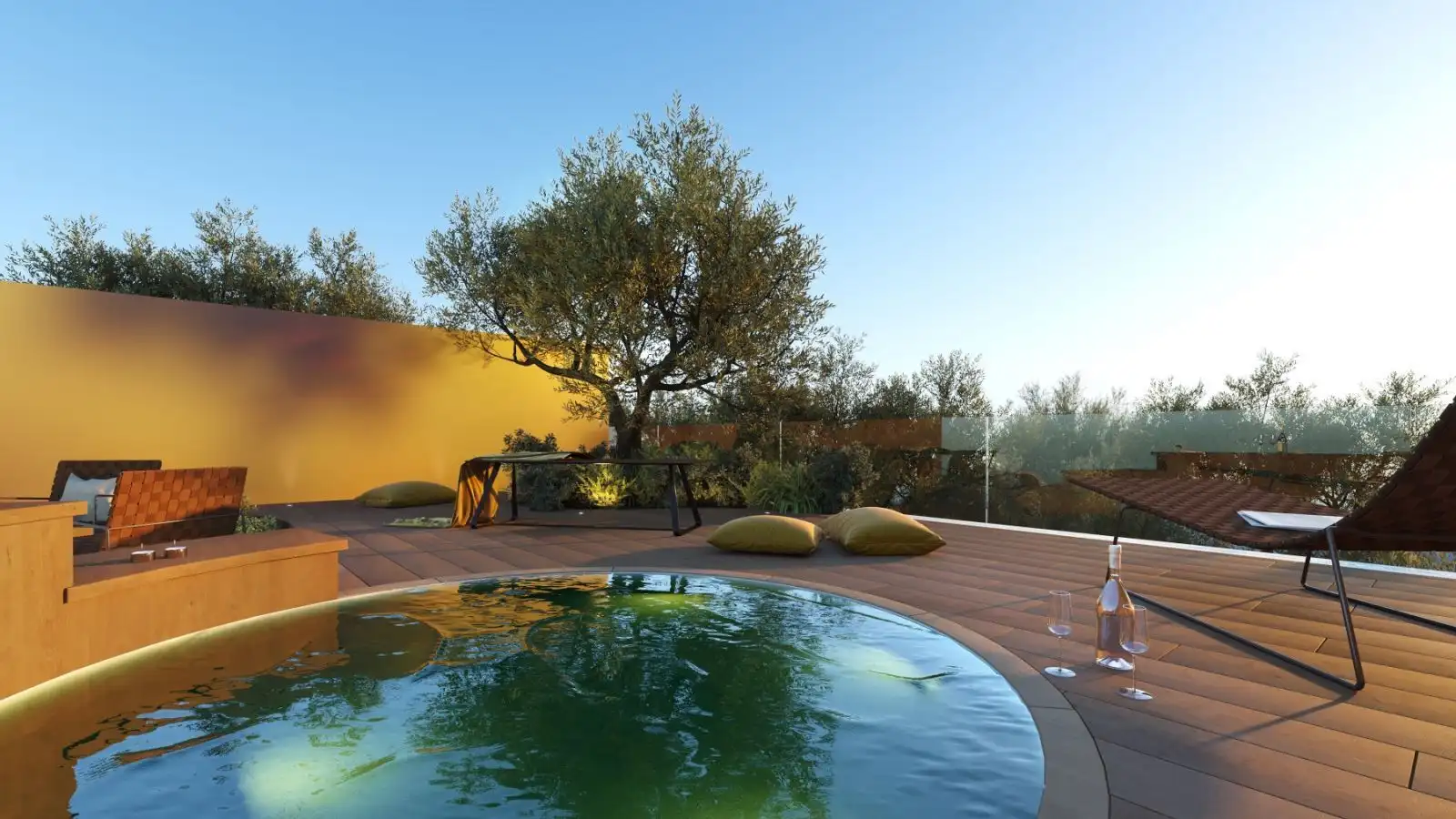 Spacious outdoor terrace with pool, sun loungers, and seating area in Carvajal, Costa del Sol.