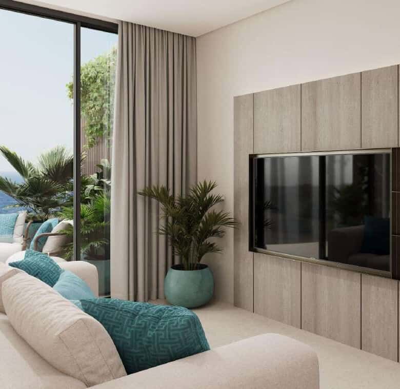 Modern Bali apartment living room with sea view and stylish decor.
