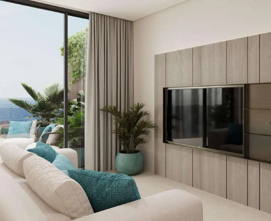 Modern Bali apartment living room with sea view and stylish decor.