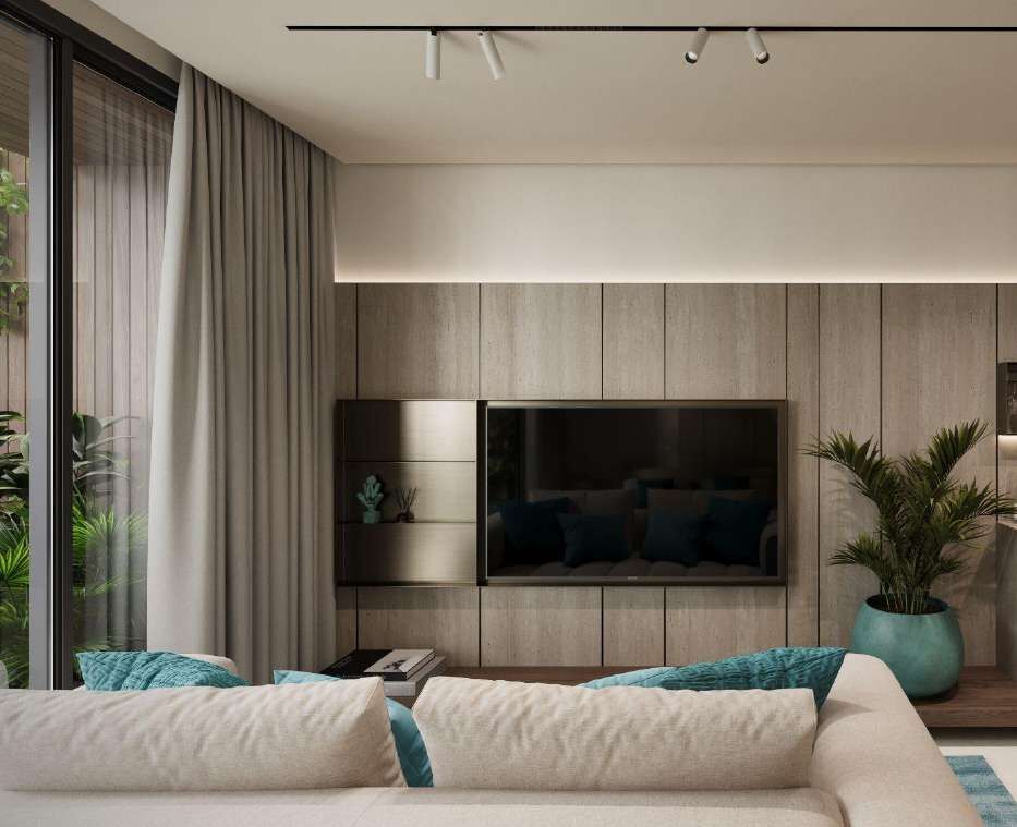 Modern Bali apartment living room with TV and stylish decor. Modern Bali apartment living room with TV and stylish decor.