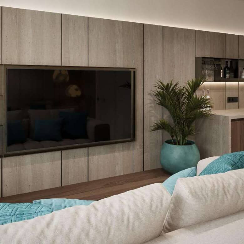 Modern Bali apartment living room with TV and decor, perfect for relaxing in Pandawa Dream Complex B.