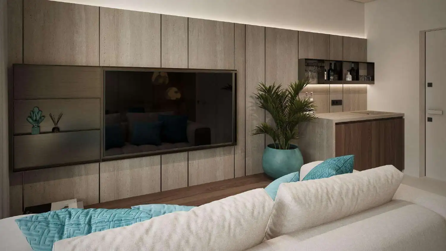Modern Bali apartment living room with TV and decor, perfect for relaxing in Pandawa Dream Complex B.