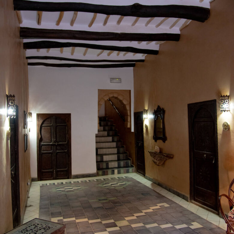 Interior view of Kasbah Tiziri Hotel in Imzough, showcasing traditional Moroccan architecture.