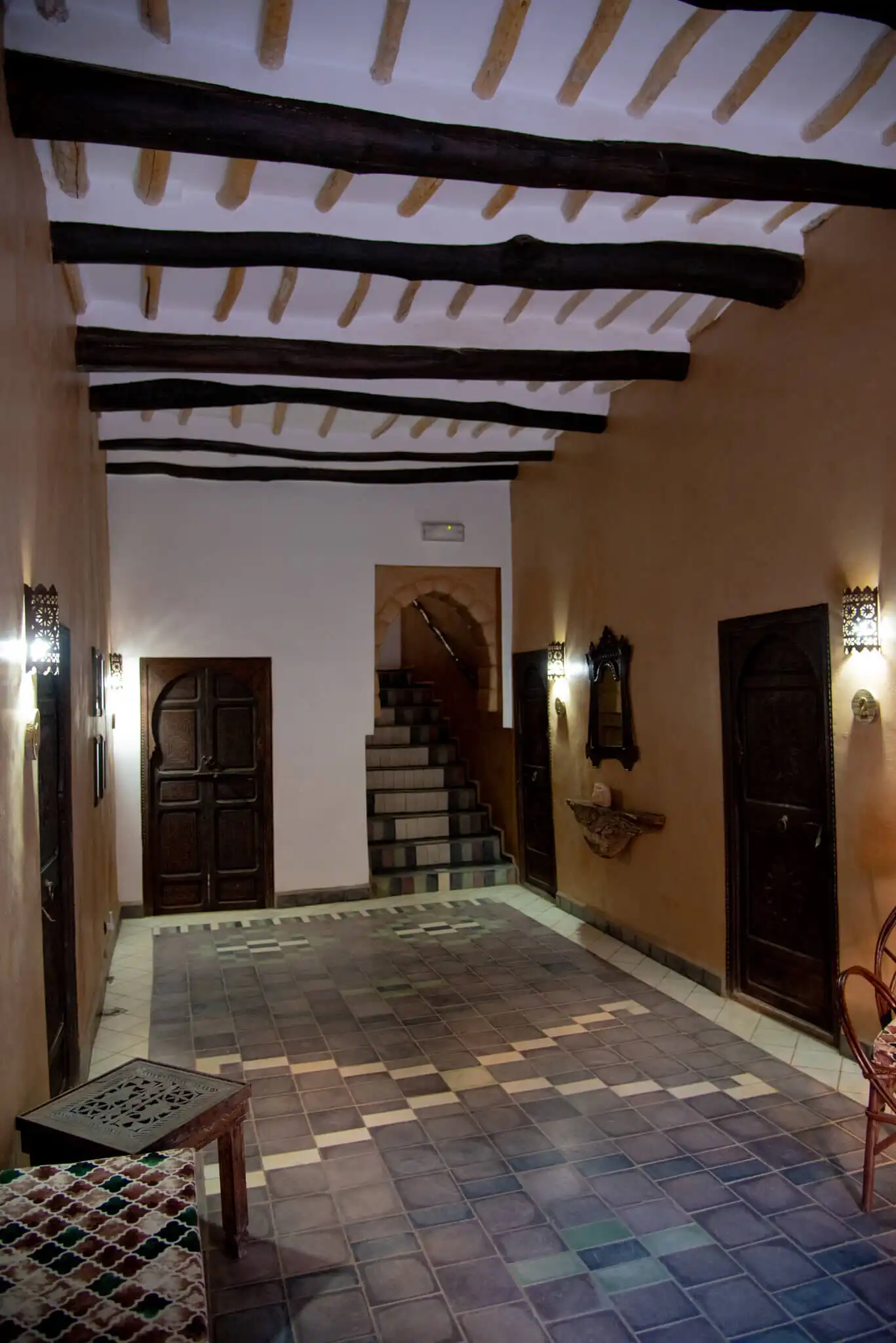 Interior view of Kasbah Tiziri Hotel in Imzough, showcasing traditional Moroccan architecture.