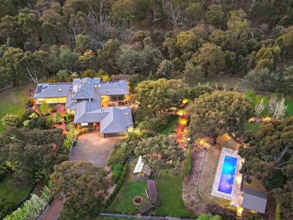 Aerial view of a luxury 6-bedroom equestrian estate with pool in Flowerdale Vic.