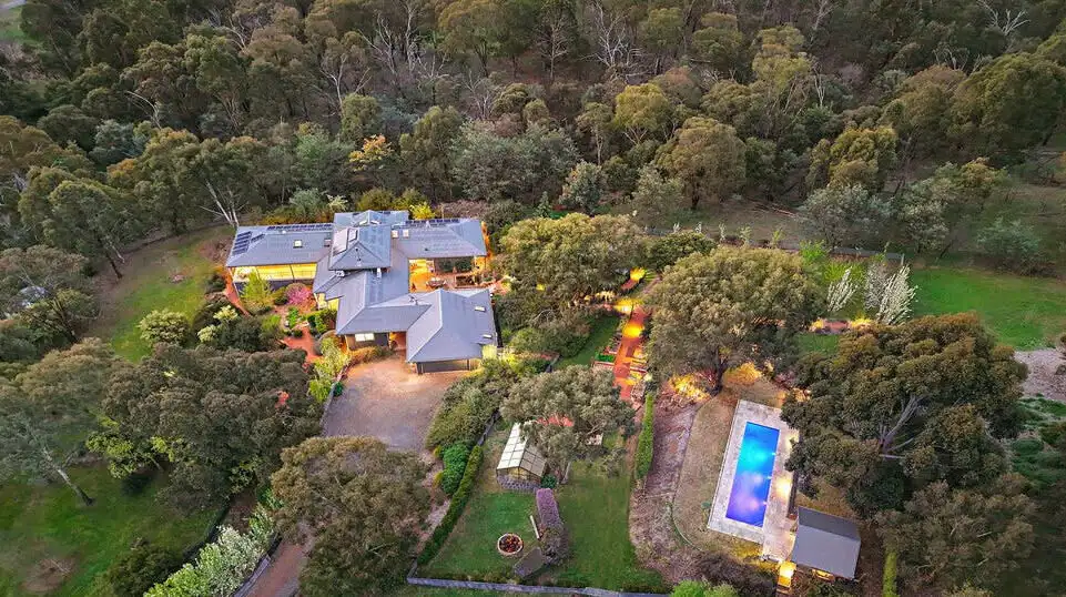 Aerial view of a luxury 6-bedroom equestrian estate with pool in Flowerdale Vic.