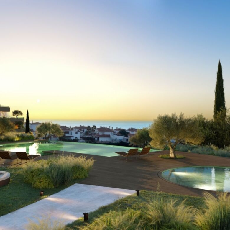 Beautiful outdoor pool area with sea view in Carvajal, Costa del Sol.