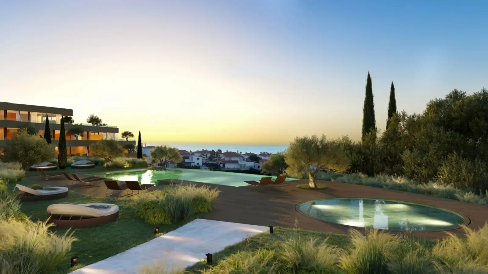 Beautiful outdoor pool area with sea view in Carvajal, Costa del Sol.