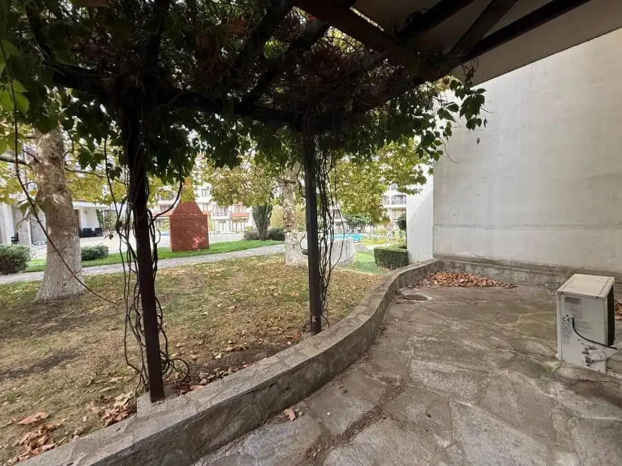 Cozy outdoor patio of a 1-bedroom furnished apartment near Vineyards SPA Resort, 2 km from the sea.
