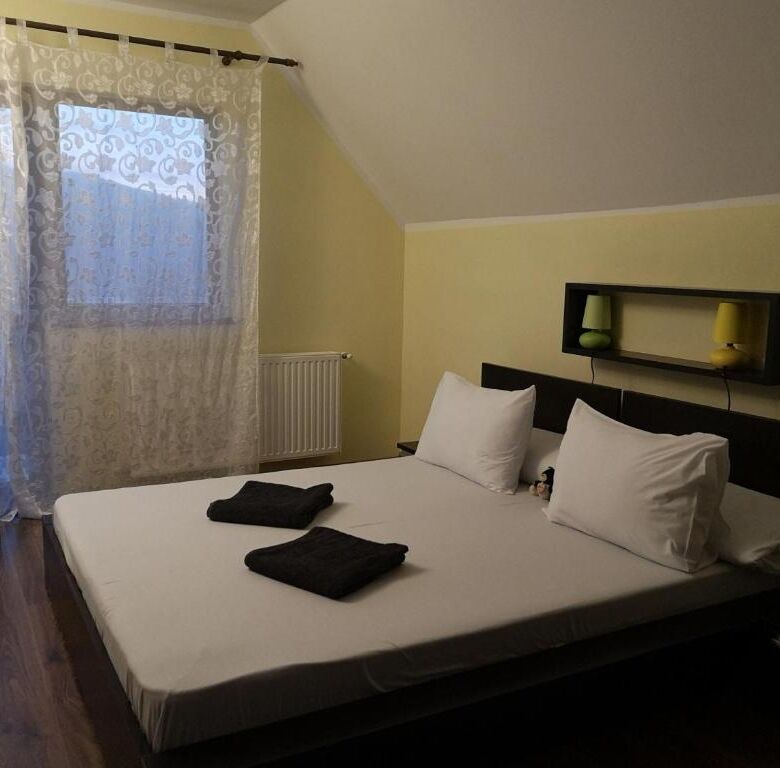 Comfortable bedroom with two beds and soft pillows in a charming Bicaz property. Perfect for relaxin.