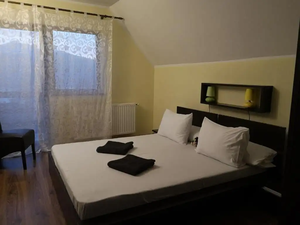 Comfortable bedroom with two beds and soft pillows in a charming Bicaz property. Perfect for relaxin.