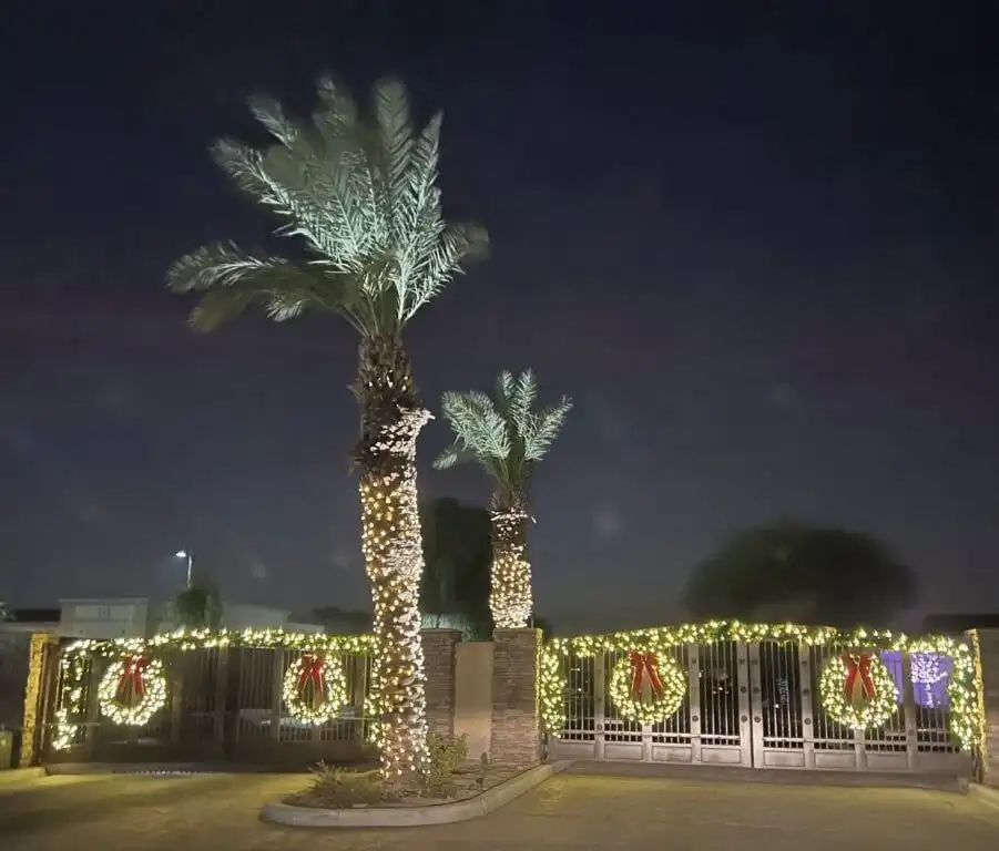 Luxury 4 Bed Villa for Sale in Indio, California with festive holiday lights and palm trees.