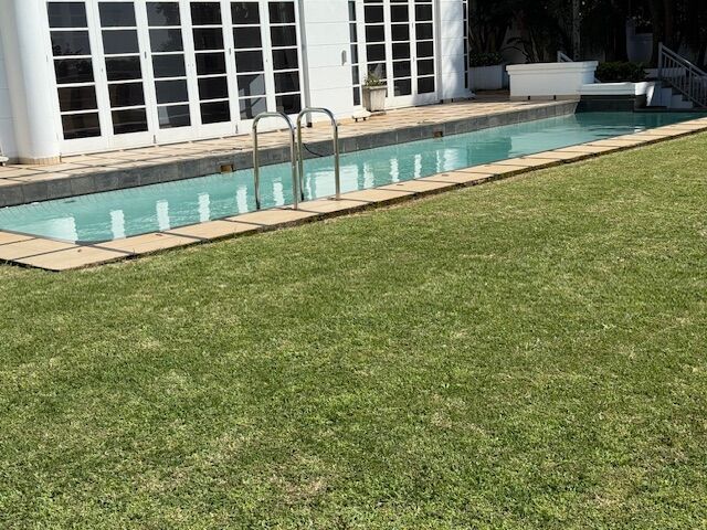 Modern swimming pool and lawn of a luxury 5-bedroom villa in Durban, South Africa.