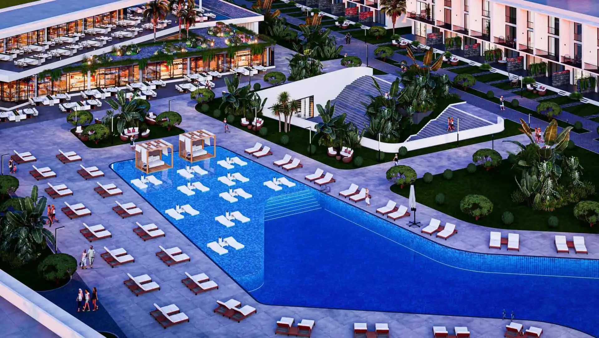 Poolside view of a luxury 1-bedroom apartment in Courtyard Platinum Bogaz Iskele North.