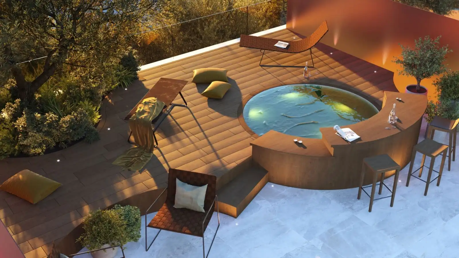 Outdoor terrace with hot tub, lounge chairs, and cozy seating in Carvajal, Costa del Sol.