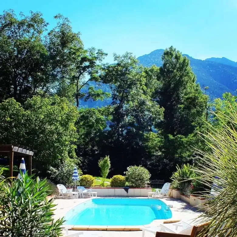 Beautiful outdoor pool at La Chataigneraie Gite Complex in Sahorre, surrounded by lush greenery and.