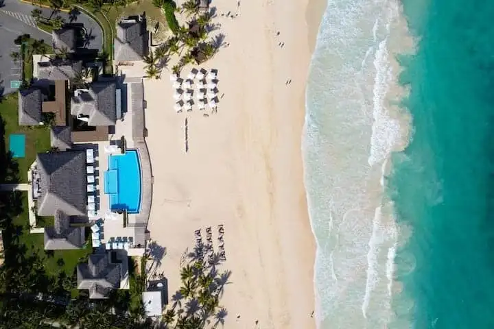 Aerial view of a luxury 2-bedroom apartment with pool near Cana Rock STAR beach, Punta Cana, Dominic.