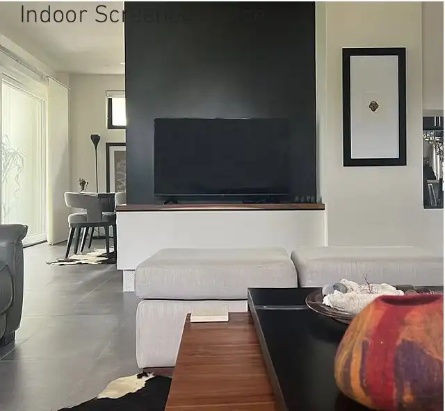 Indoor living space with contemporary furniture and a large flat-screen TV.