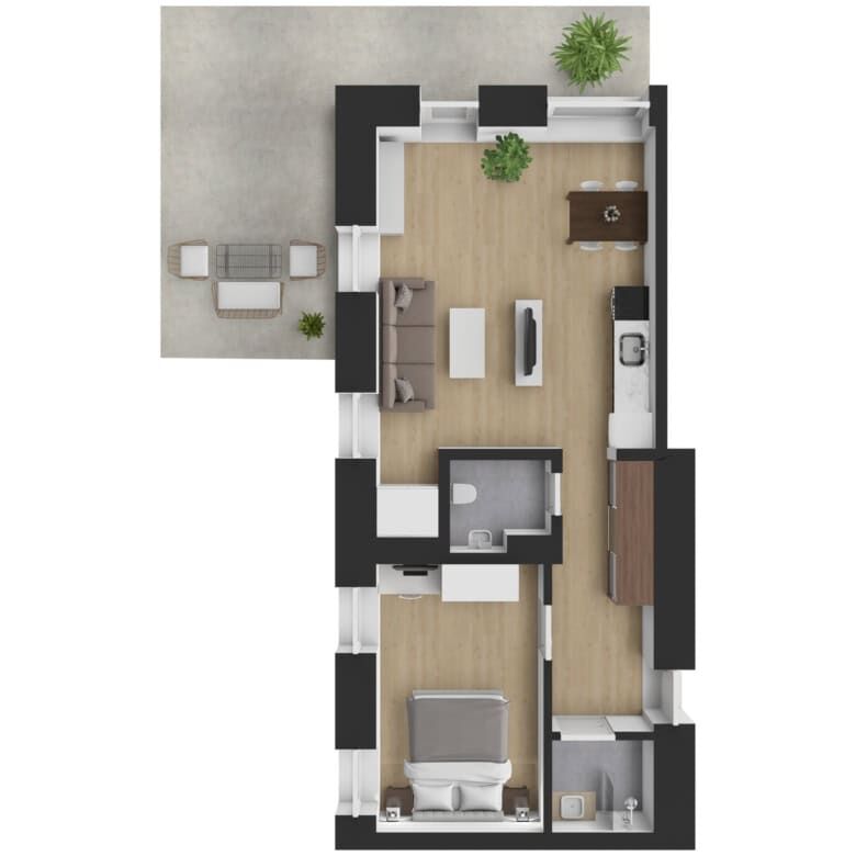 Modern luxury apartment layout with living area, bedroom, and outdoor terrace in Rattendorf.