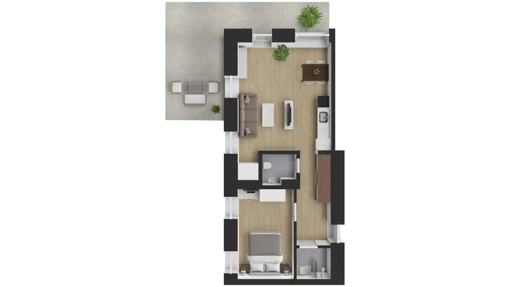 Modern luxury apartment layout with living area, bedroom, and outdoor terrace in Rattendorf.