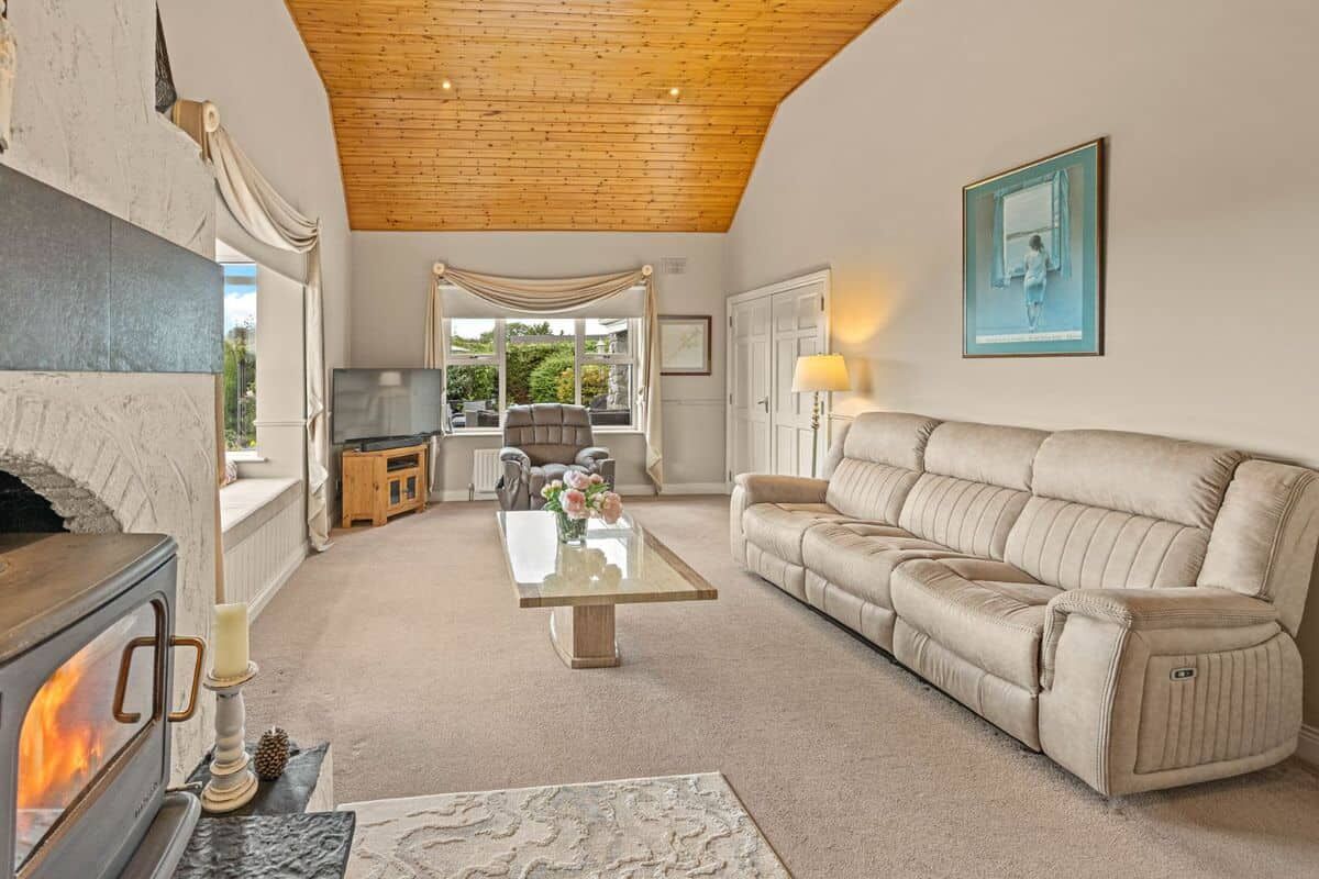 Cozy Living Room in Springhill Lodge Spacious living room with a fireplace, large windows, and comfortable seating in Ballycorrigan, Ball.