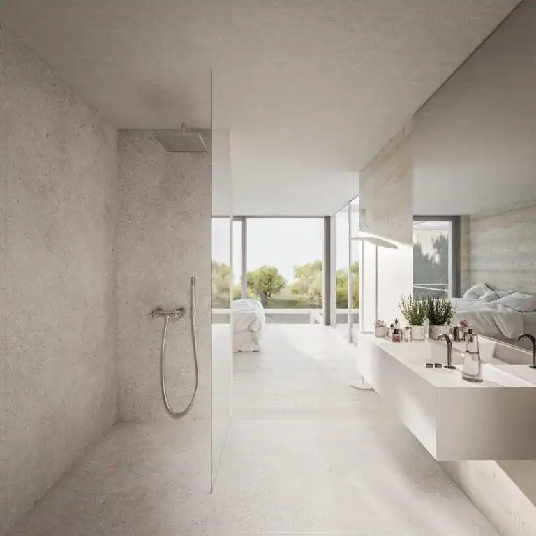 Modern bathroom in luxury villa, open-plan design with large windows and scenic views.