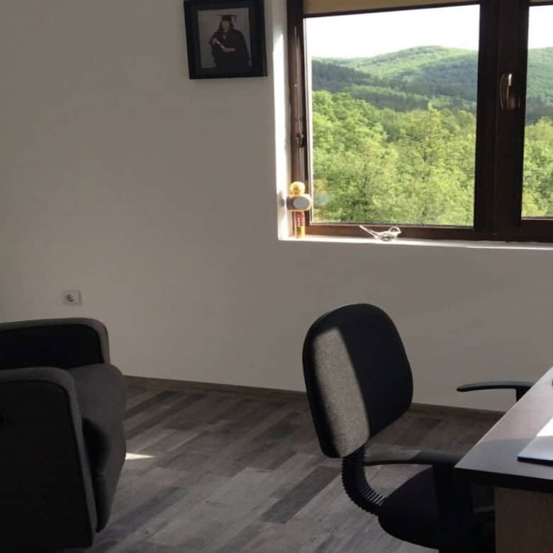 Bright interior with scenic views of lush greenery from the window.