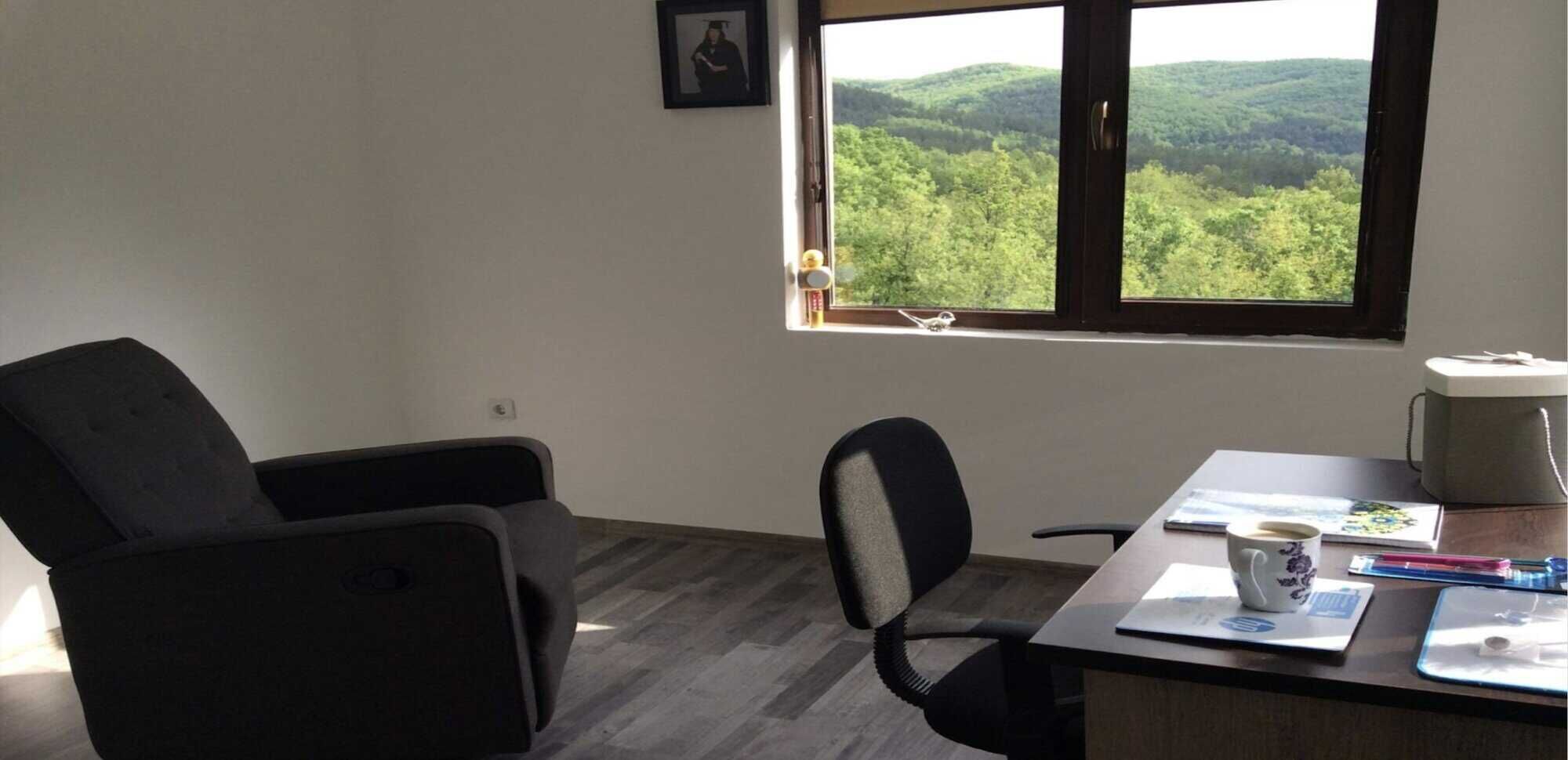 Bright interior with scenic views of lush greenery from the window.