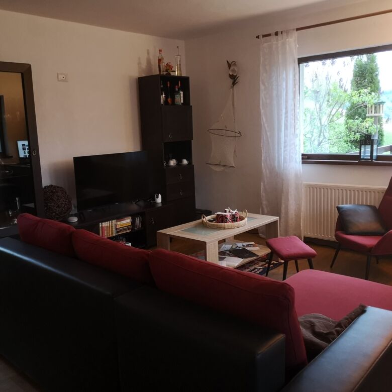 Bright living room with comfortable seating and large window views.