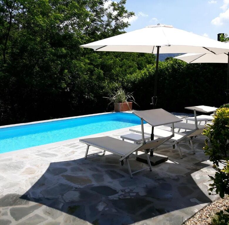 Elegant outdoor pool with sun loungers and umbrellas in scenic countryside setting.