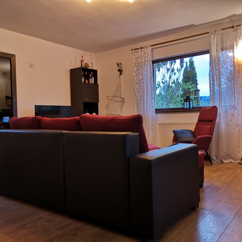 Interior view of a living room with two houses for sale in Bicaz, featuring sofas and a large window.