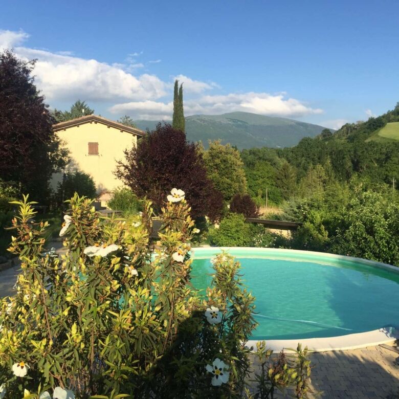 Beautiful farmhouse with swimming pool surrounded by lush greenery and scenic mountain views.
