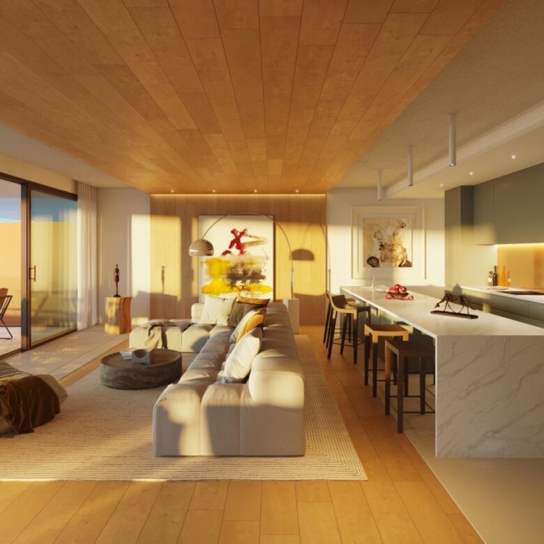 Spacious living room with sea views, stylish interior, and open-plan kitchen in Carvajal.