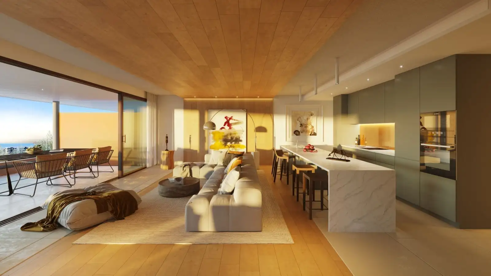 Spacious living room with sea views, stylish interior, and open-plan kitchen in Carvajal.