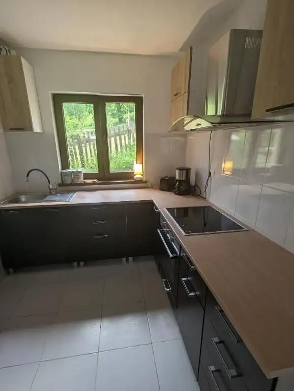 Modern kitchen with wooden cabinets and appliances in Bicaz property.