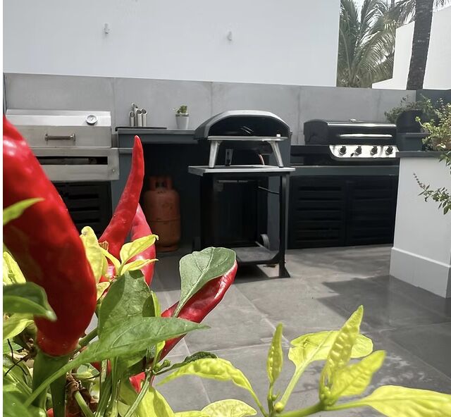 Outdoor kitchen with grills and cooking area in a modern villa setting.