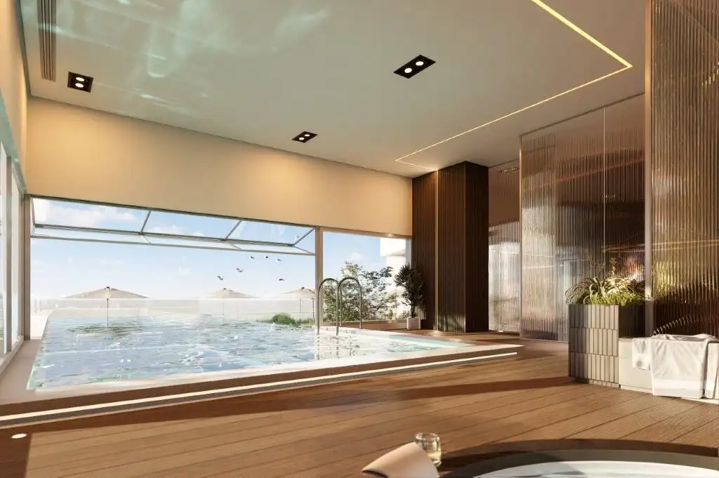 Modern luxury condos in Tijuana featuring a private pool and stylish interiors. Perfect for comforta.