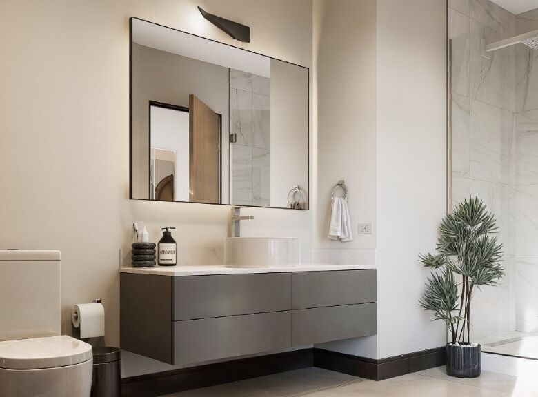Modern bathroom with sleek vanity and walk-in shower in Tijuana condo.