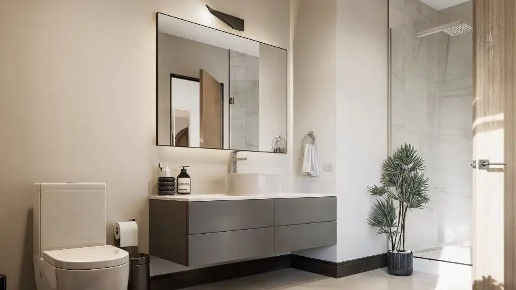 Modern bathroom with sleek vanity and walk-in shower in Tijuana condo.