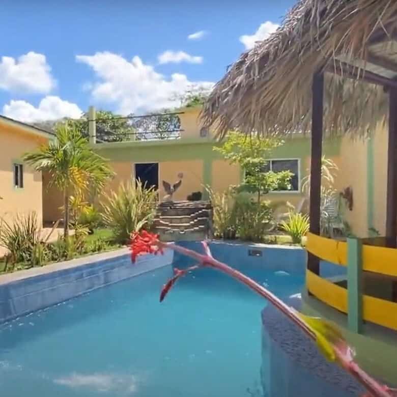 Pool area with tropical plants and thatched-roof gazebo at Park Estate, Dominican Republic.