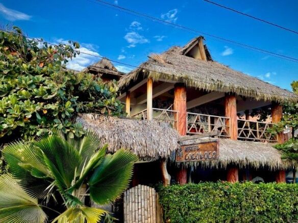 Hostel Coco Loco for sale in Canoa, featuring a tropical thatched roof and lush garden surroundings.