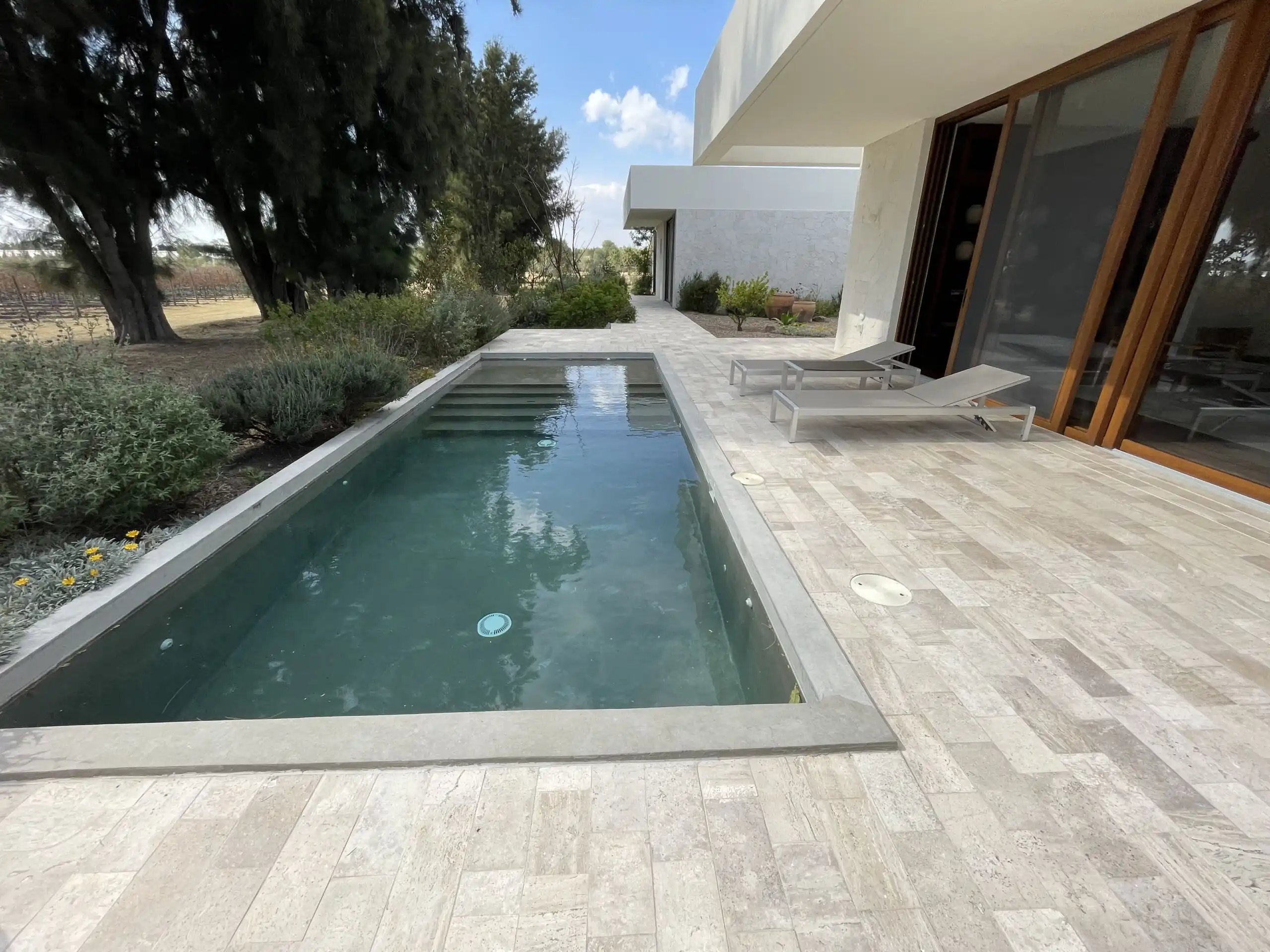 Luxury Vineyard Estate Pool in San Miguel de Allende Elegant outdoor pool at Casa El Refugio, a luxury vineyard estate in San Miguel de Allende.