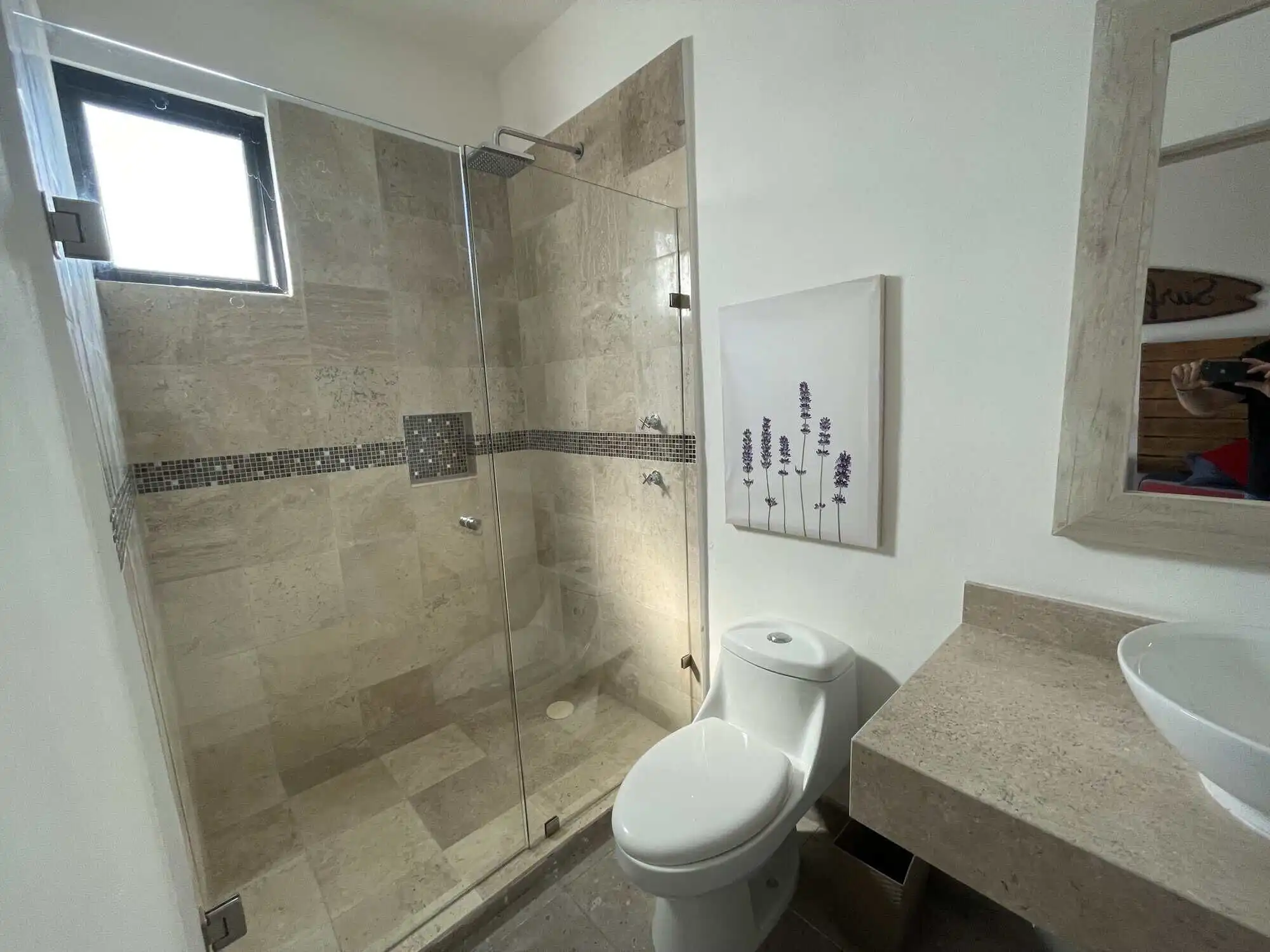 Bathroom with walk-in shower, toilet, and modern sink in Santo Domingo home tour.