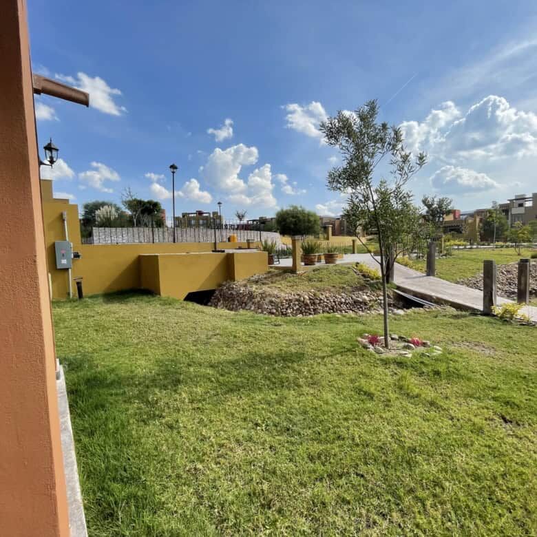 Beautiful outdoor view of La Serena Residencial with green lawn and trees in San Miguel de Allende.