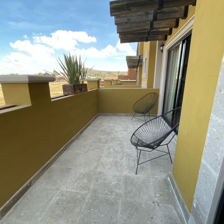 Spacious balcony of a modern 2-bedroom apartment in La Serena Residencial, San Miguel de Allende.