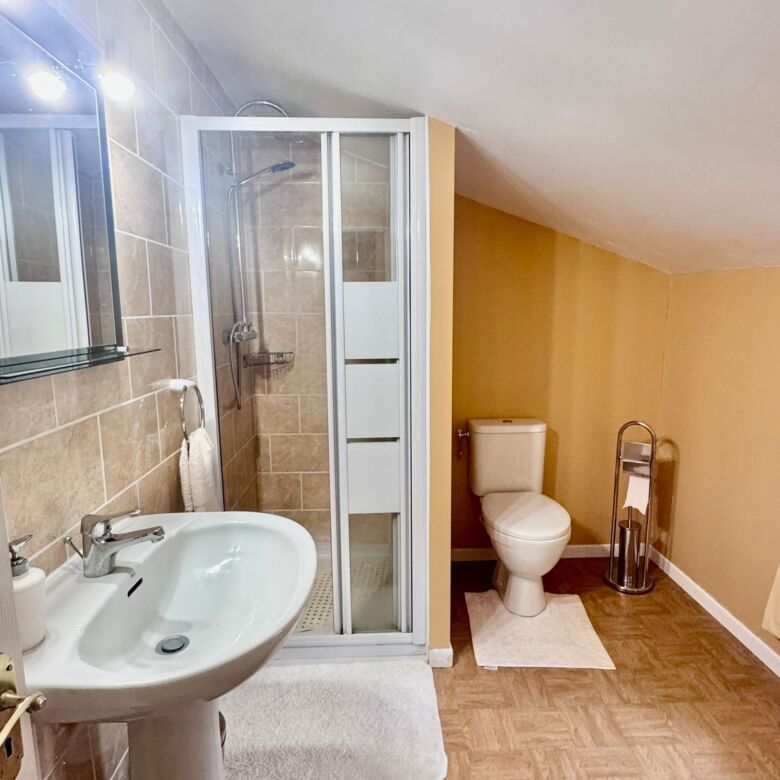 Bright bathroom featuring a shower enclosure, toilet, and sink in a modern setting.