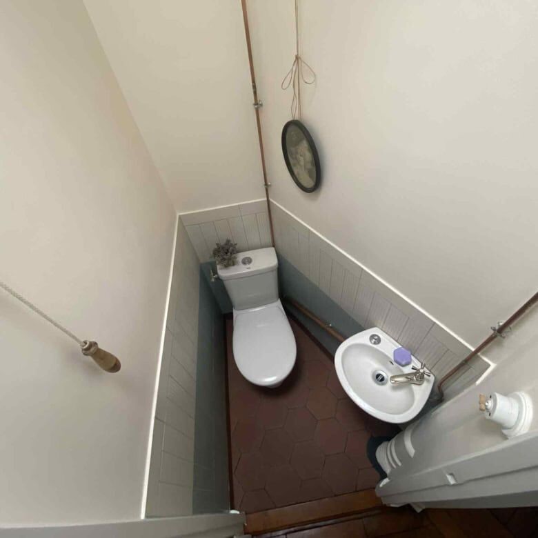 Cozy bathroom with toilet and sink in a Parisian apartment. Perfect for investment or living in the.