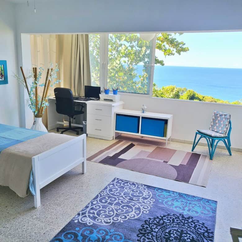 Bright ocean view room with large window overlooking the sea and lush greenery.