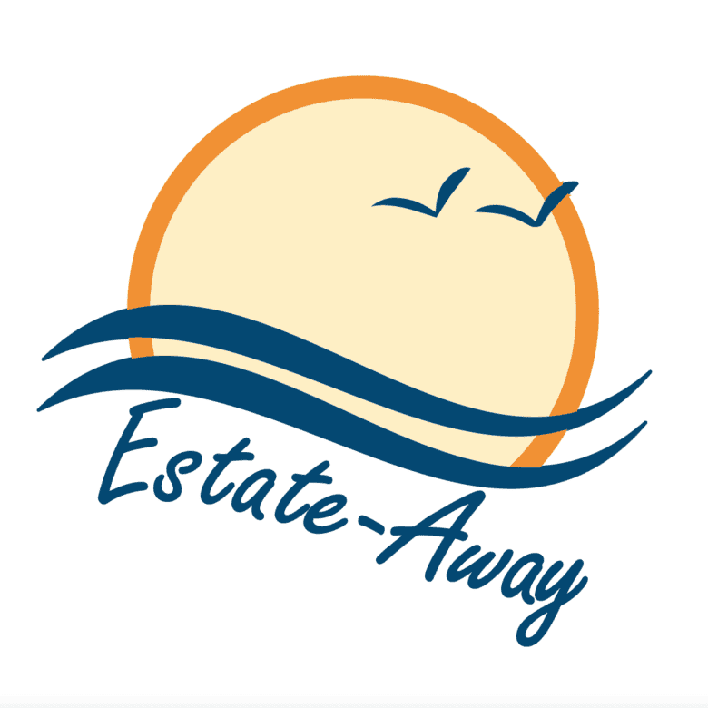 Sunset with seagulls and waves logo for estate away branding.